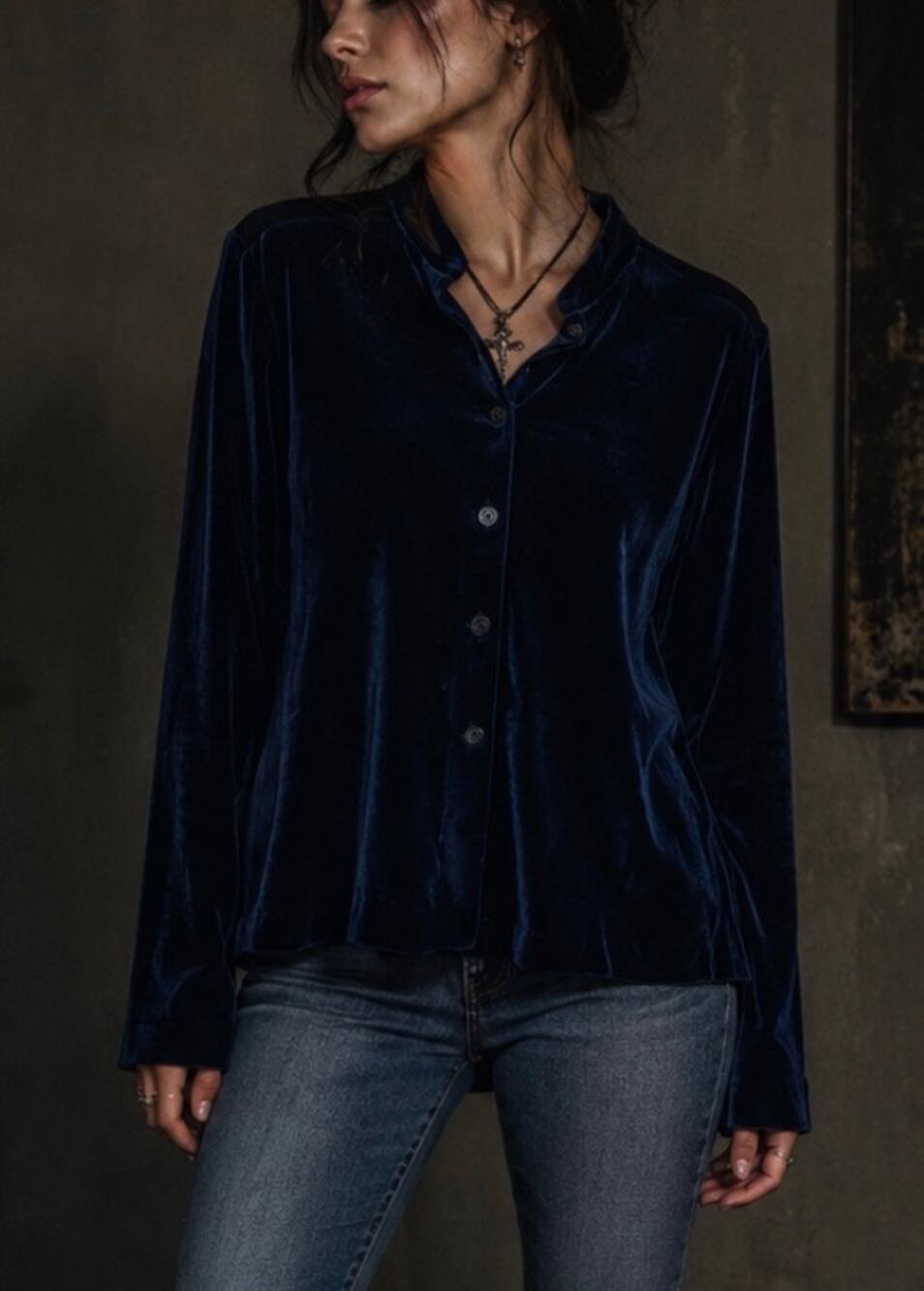 Vintage Bridgetown velvet button up shirt mandarin collar holiday jewel tone M